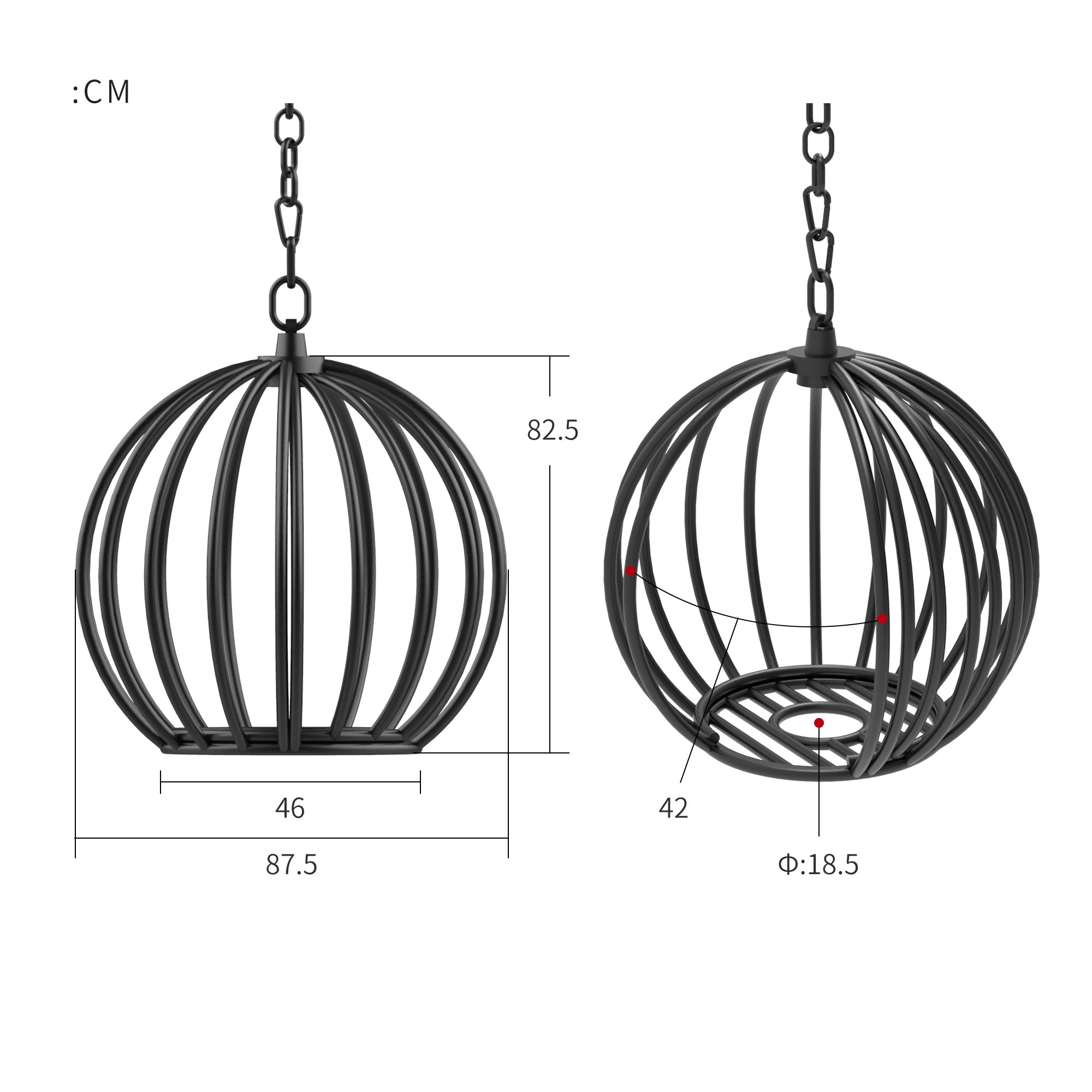 Black metal hanging cage with dimensions