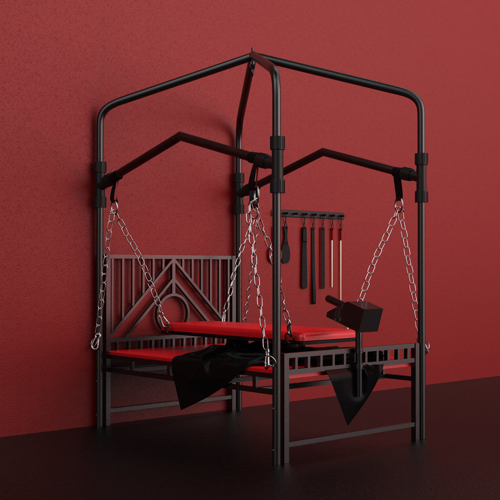 Professional grade BDSM restraint bed with multi position adjustability and heavy duty steel frame