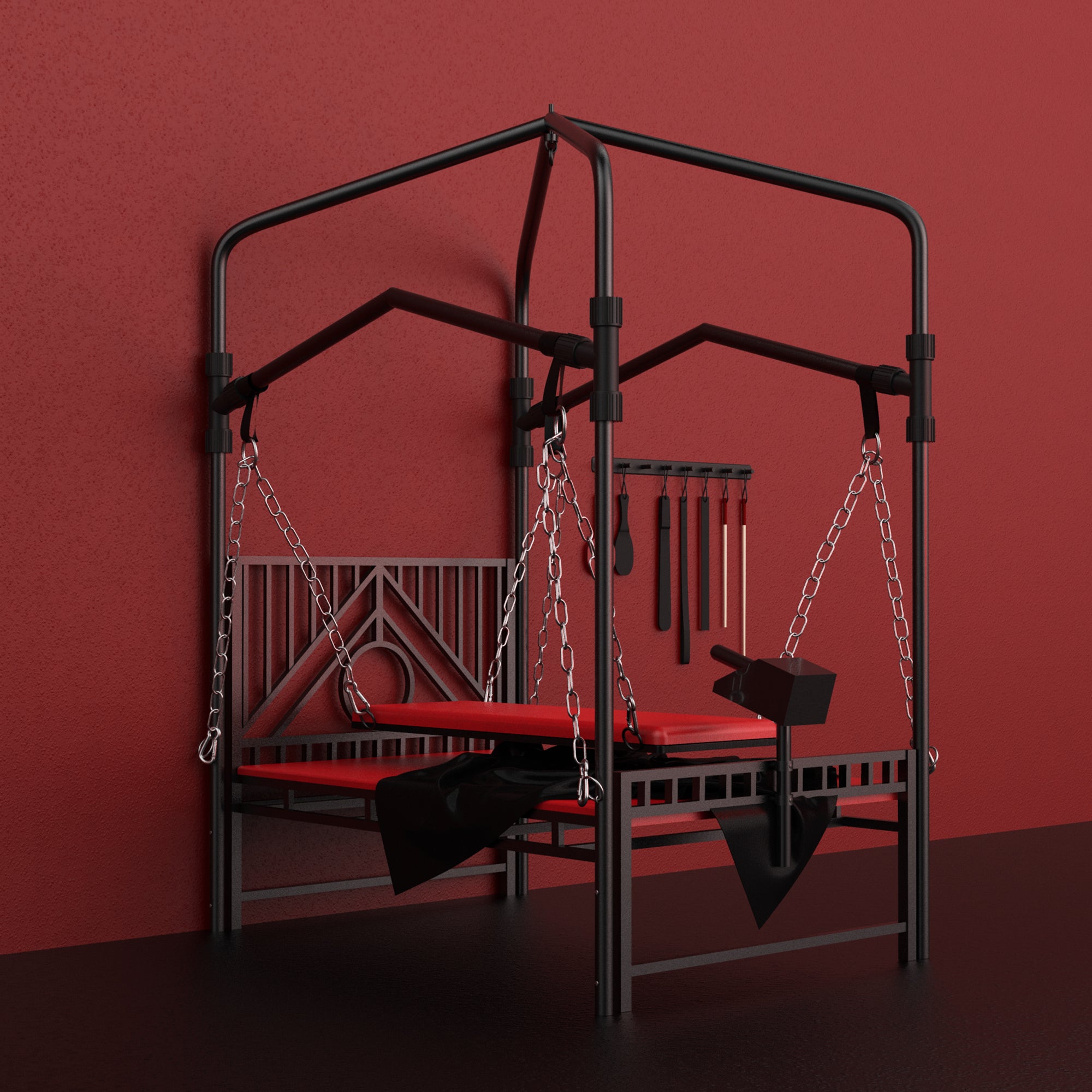 Professional grade BDSM restraint bed with multi position adjustability and heavy duty steel frame