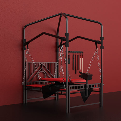 Professional grade BDSM restraint bed with multi position adjustability and heavy duty steel frame