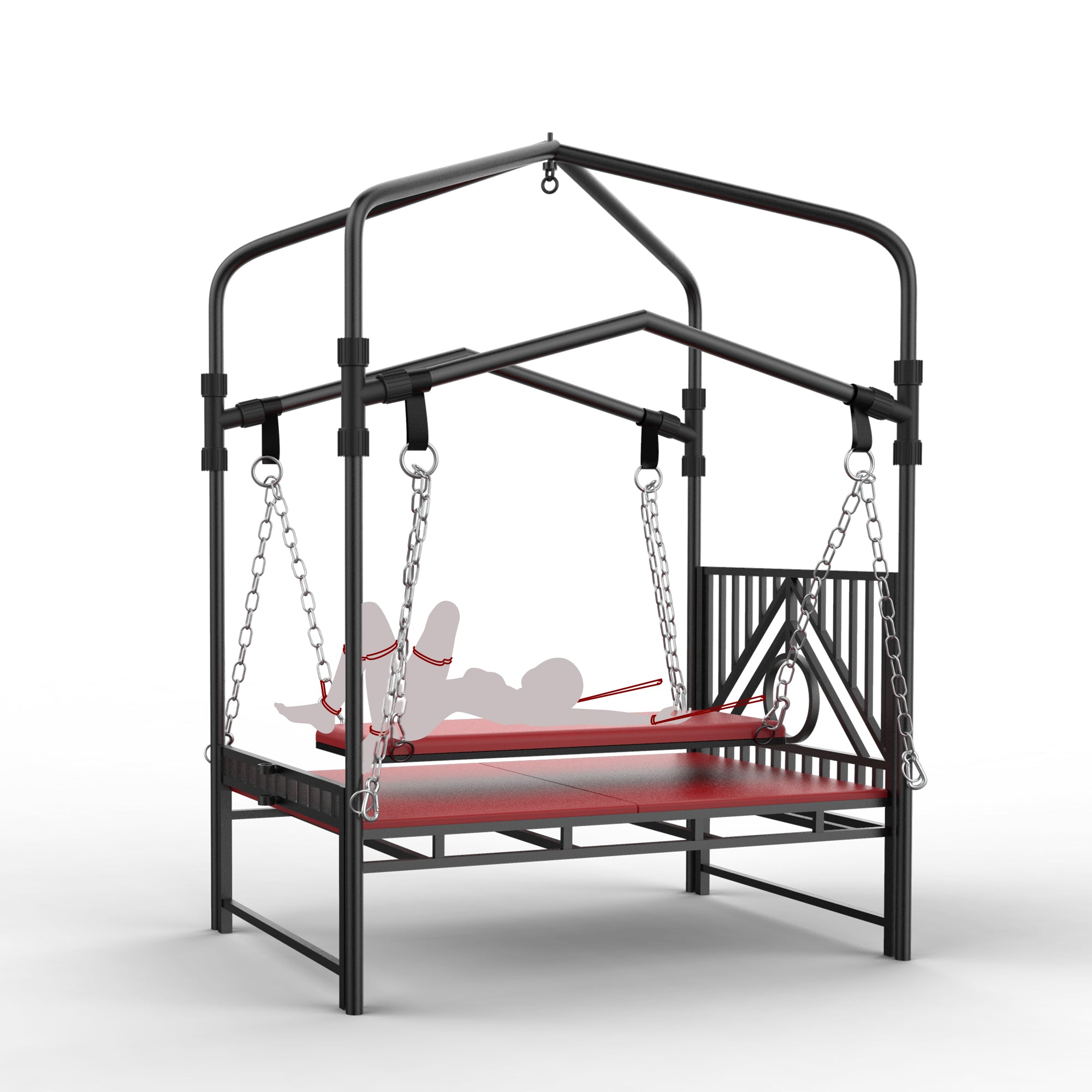 Multi position restraint bed showing full adjustability range for couples