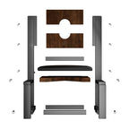 Diagram of a chair assembly with wooden and metal components