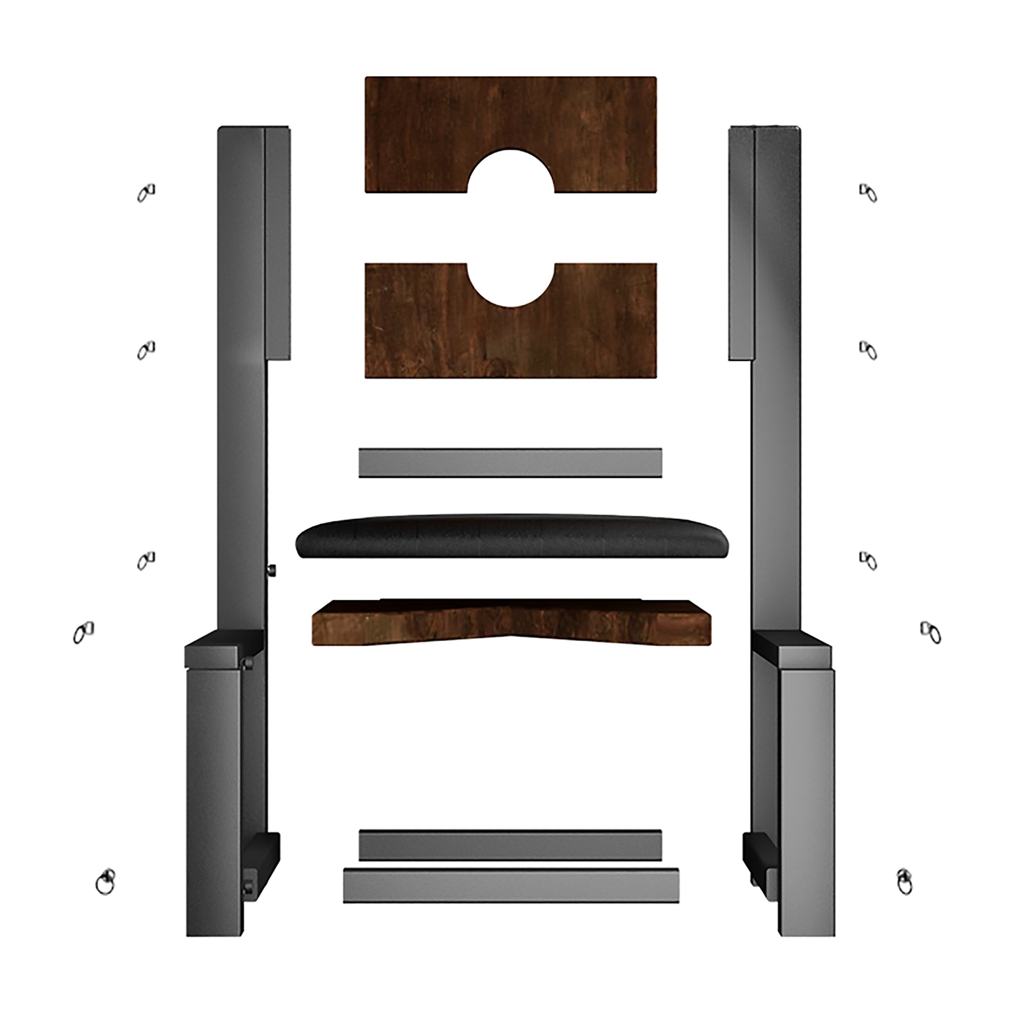 Diagram of a chair assembly with wooden and metal components